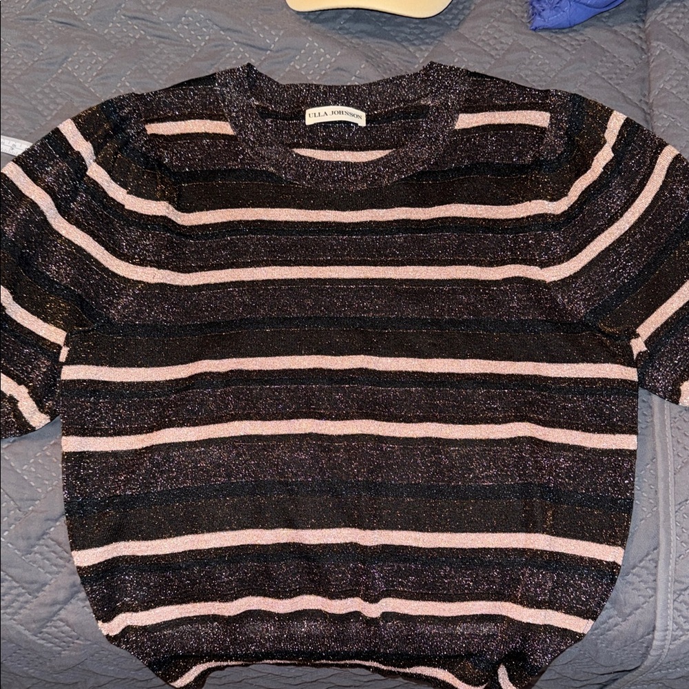 Ulla Johnson Black and Pale Pink Metallic Stripe Knit Tee